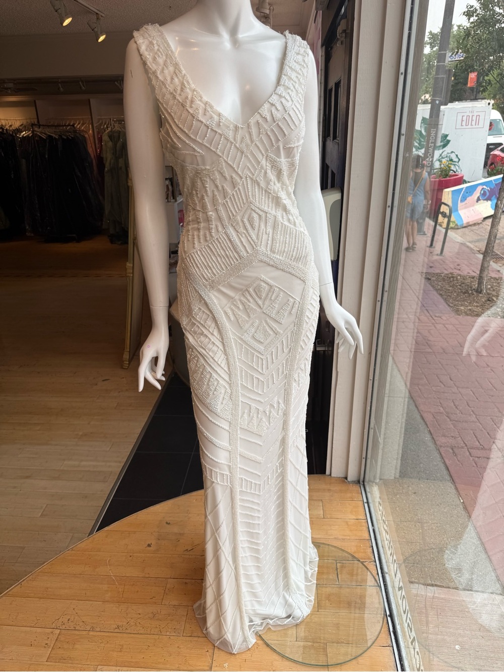 LARA Ivory Beaded V-Neck Column Gown